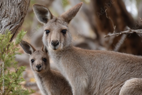 Western grey kangaroo with joey peeking out among foliage in natural habitat during daytime in Australia