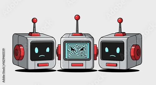 Three cube-shaped robots, one with a maze screen and angry eyes