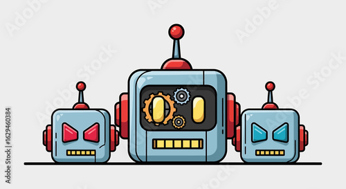 Three Retro Robots Teamwork: Central Leader with Two Sidekicks