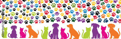 Colorful Animal Paw Prints Background with Cat and Dog Silhouettes, Pet Adoption Decor