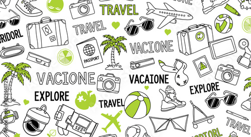 Travel themed doodle pattern with suitcases, cameras, planes, and palm trees