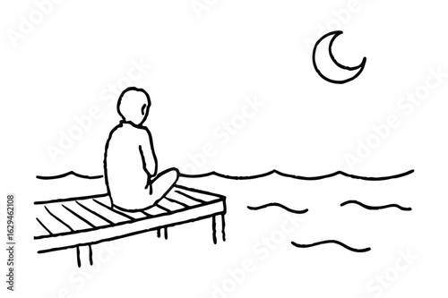 Person sitting on a dock looking at the moon and water