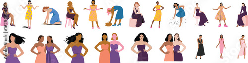 Diverse Group of Women Posing in Various Dresses, Heels, and Seated on Stools Isolated on White