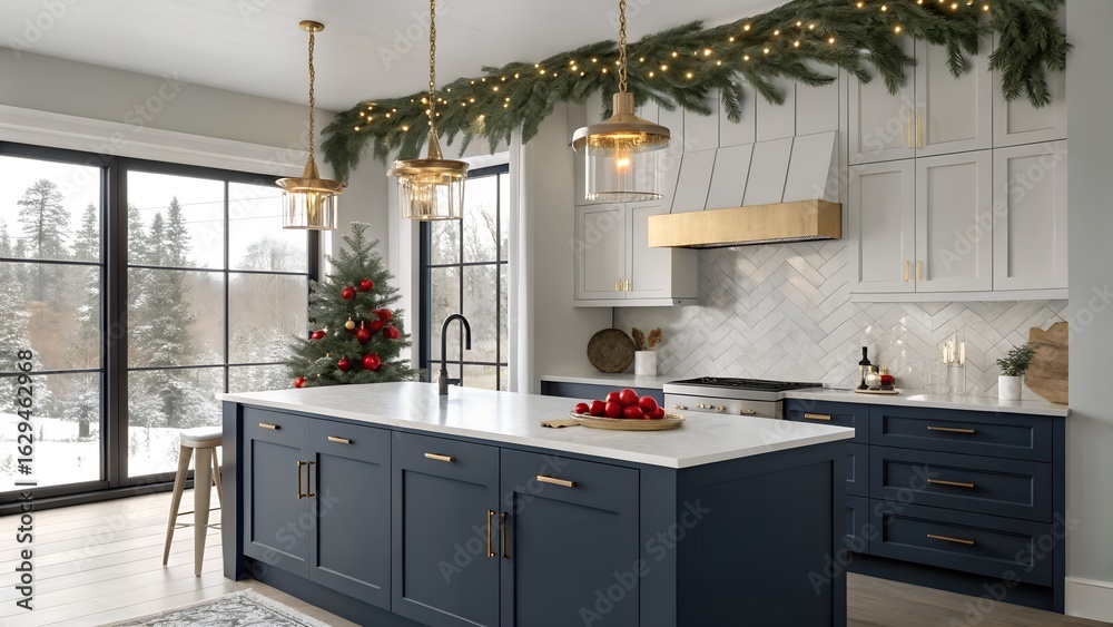 Sleek Holiday Kitchen with Quartz Island and Winter View