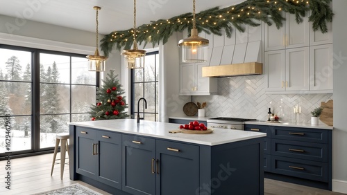 Sleek Holiday Kitchen with Quartz Island and Winter View