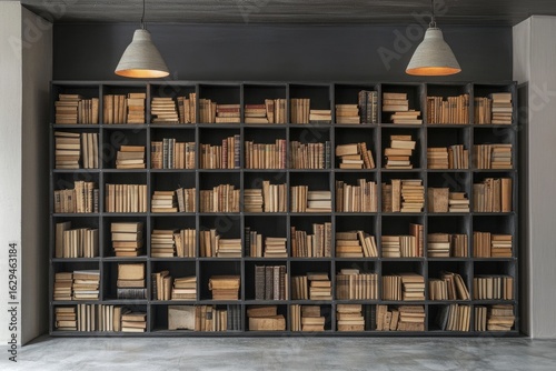 Full Bookshelves With Antique Volumes Under Two Lamps in Dark Room Interior