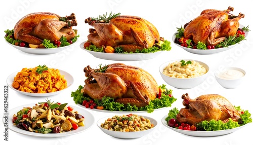 Roasted turkeys and various Thanksgiving side dishes on white plates against a white background