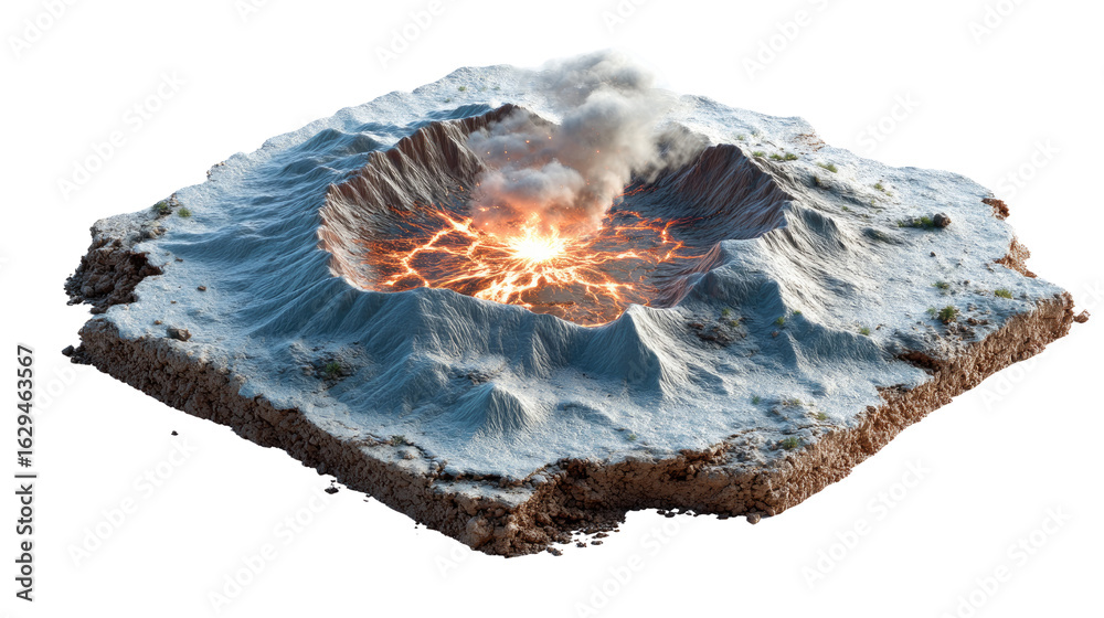 Obraz premium Volcanic eruption: A cross-section model showcases the raw power of a volcanic eruption, with fiery lava and billowing smoke dramatically erupting from the crater.