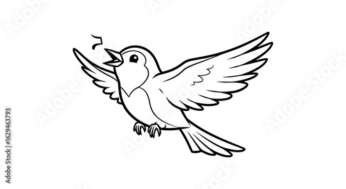 Black and White Cartoon Bird in Flight Singing