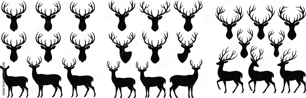 Naklejka premium Silhouette Deer Heads and Full Bodies with Antlers on a White Background Design