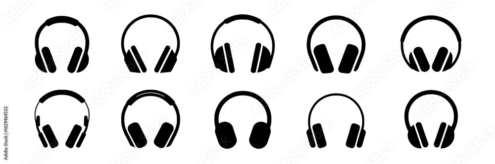 Headphone icon set. Collection of black and white vector illustrations of various over-ear headphone designs. Simple, minimalist music and audio symbols. Grid layout for web design, app interface, or Headphone icon set. Collection of black and white vector illustrations of various over-ear headphone designs. Simple, minimalist music and audio symbols. Grid layout for web design, app interface, or