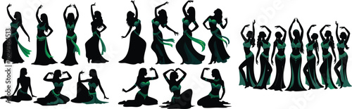 Silhouette Illustration of Belly Dancers in Elegant Poses with Green and Black Costumes