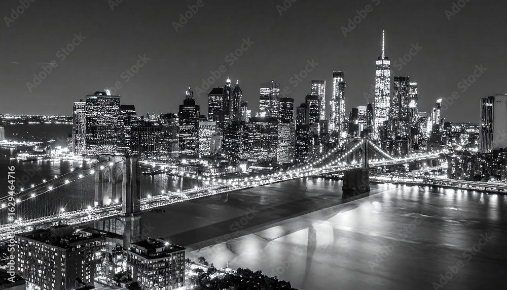 Obraz premium Night view of a city skyline and bridge, in black and white