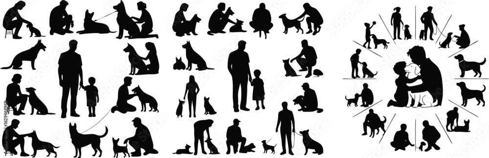 Fototapeta premium Silhouettes of People and Dogs Interacting, Playing, Training, Walking, Petting in Various Poses and Activities
