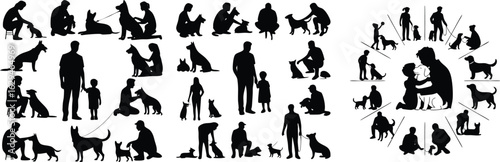 Silhouettes of People and Dogs Interacting, Playing, Training, Walking, Petting in Various Poses and Activities