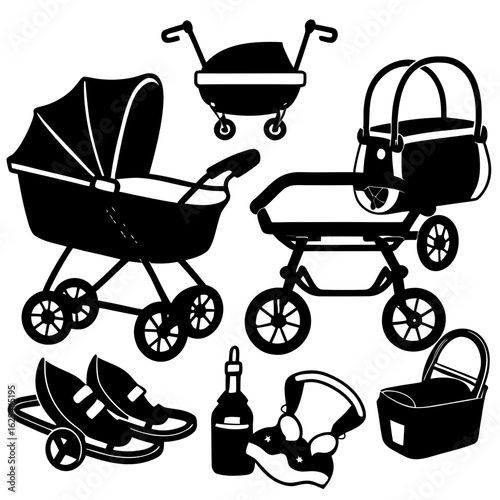 Assortment of Baby Stroller and Carrier Silhouettes on White Background carriage infant