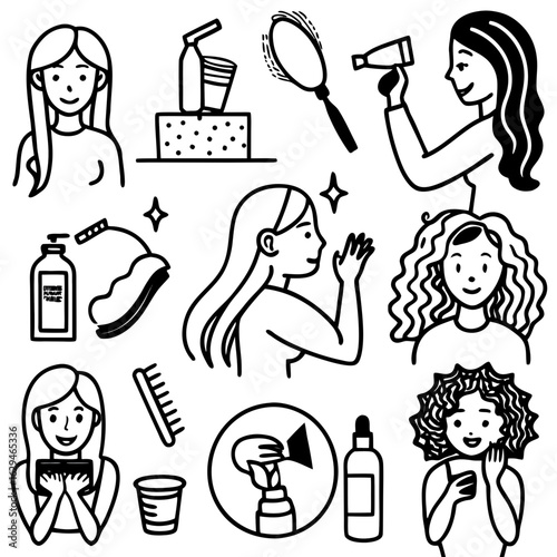 Black Outline Illustrations Of Women And Hair Care Products beauty salon