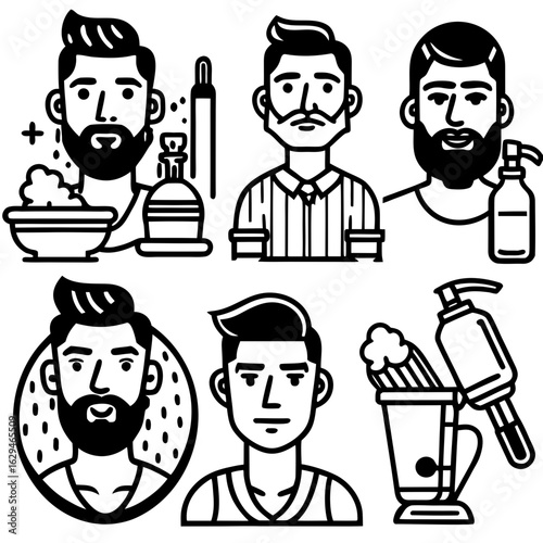 Black silhouette icons of men grooming and personal care activities male shaving