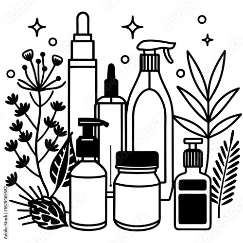 Black silhouette of skincare and beauty products with botanical elements cosmetic bottle