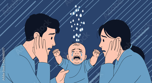 Parents distressed by crying baby experiencing emotional distress during heavy rainfall outdoor setting