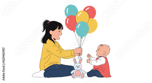 Joyful mother and baby sharing colorful balloons and a plush toy on a bright day