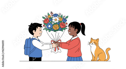 Two children exchange a beautiful bouquet of flowers with a cat watching