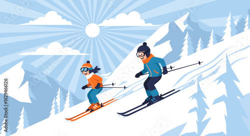 Two happy children enjoying a thrilling downhill ski adventure on a bright winter day amidst snowy mountains and tall pine trees