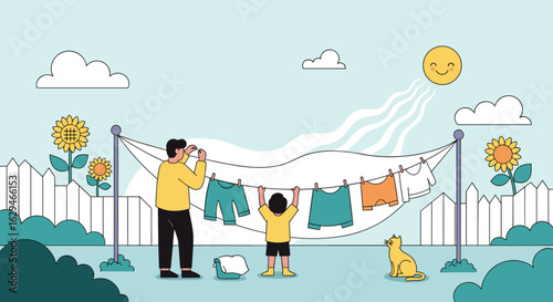 Family enjoying outdoor laundry day together under sunny skies