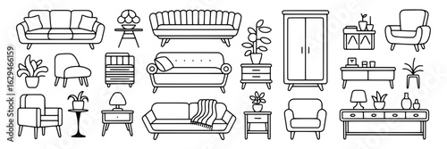 Mid-century modern furniture line art icon collection: sofas, armchairs, tables, lamps, plants, cabinets, shelves. Minimalist vector illustration set for interior design, home decor projects. Black an