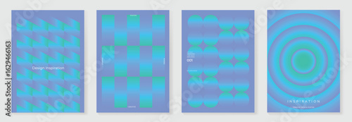 Modern gradient poster on cyan background vector set. Cover template with green perspective geometric shapes different. Modern Design for wall art, flyers, brochures, covers and web banners.