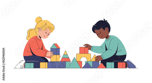 Diverse young children happily building with colorful geometric wooden blocks together creating fun towers and structures