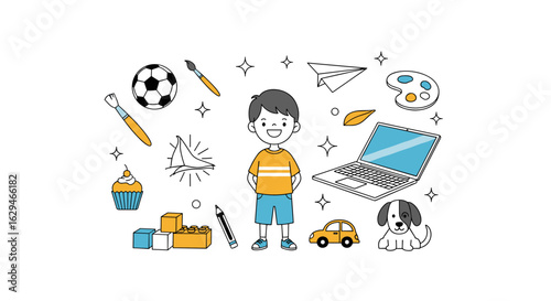 A young boy surrounded by various hobbies and objects illustrating childhood activities and interests