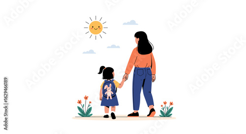 A mother holds her daughter's hand walking together outdoors on a bright sunny day