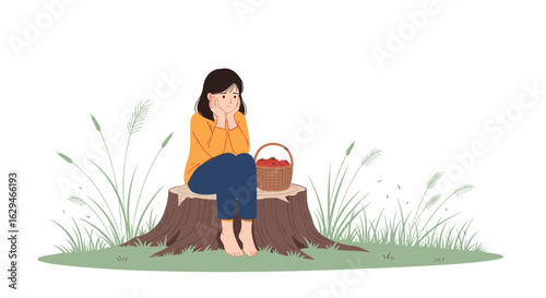 Woman sitting on a tree stump surrounded by tall grass and a basket of apples dreaming of autumn