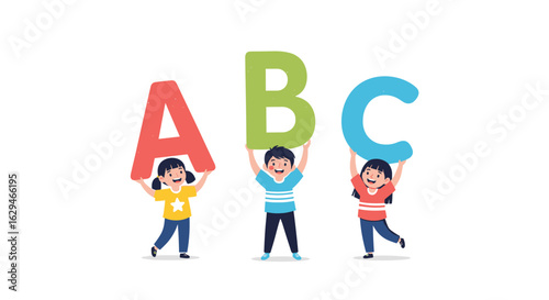 Three diverse children joyfully holding up large colorful alphabet letters representing early childhood education