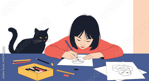A young girl engrossed in drawing a picture with her black cat companion watching