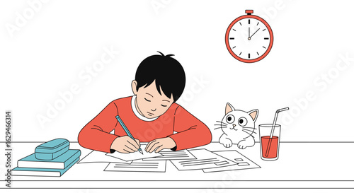 A young boy diligently works on his school assignment with his pet cat watching curiously nearby