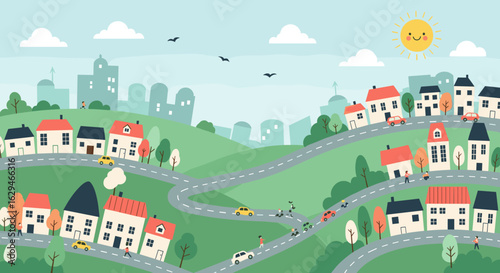 Charming village landscape with winding roads and sunny skies