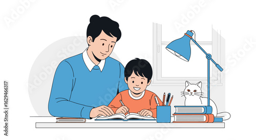 Father and son engage in educational activities together at home with a cat nearby
