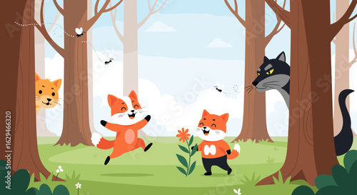 Two cheerful foxes enjoying a sunny day in the forest with a flower and observing neighbors