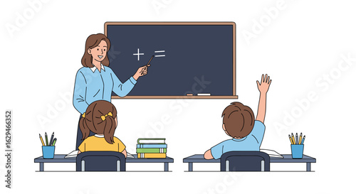 Young student raises hand eagerly to answer math problem on blackboard during classroom lesson