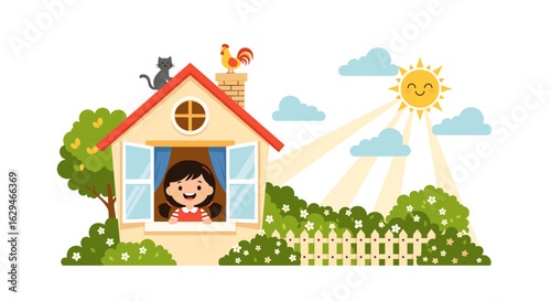 A happy girl waves from her window on a bright sunny morning with a cheerful sun and green landscape