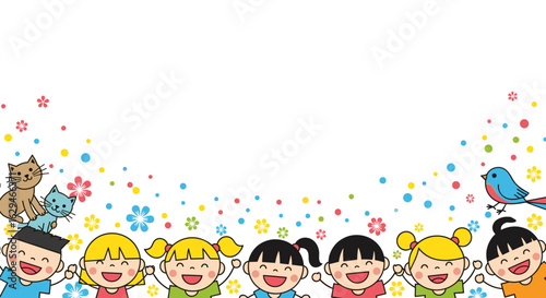 Joyful children celebrating with friends and animals in a colorful spring doodle border