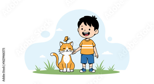 Charming illustration of a young boy holding hands with his adorable orange cat in a sunny meadow