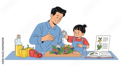 Father and child enjoy preparing a fresh healthy salad together at home creating happy family moments
