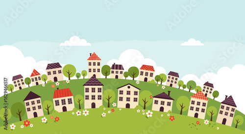 Charming collection of whimsical homes nestled on a rolling green landscape under a bright blue sky