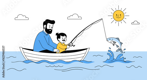 Father and child enjoying a wonderful day fishing together on a boat catching a big fish