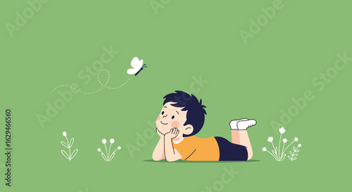Young boy captivated by a beautiful butterfly on a sunny day in the meadow observing nature