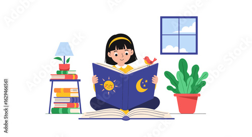 Young girl immersed in a book discovering the wonders of day and night sky stories
