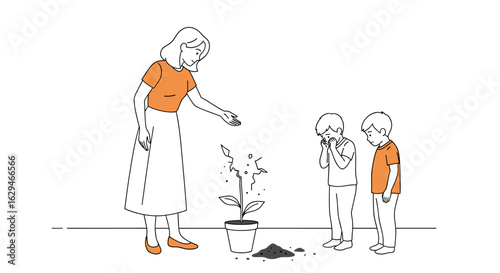 A teacher shows her students how to care for a wilting plant and the importance of nurturing living things